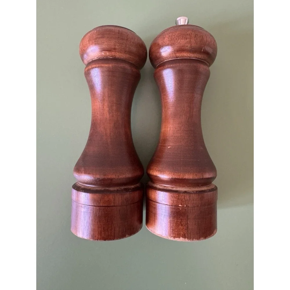 Vintage Mr. Dudley Solid Wood Pepper Grinder Mill & Salt Shaker Set Brown